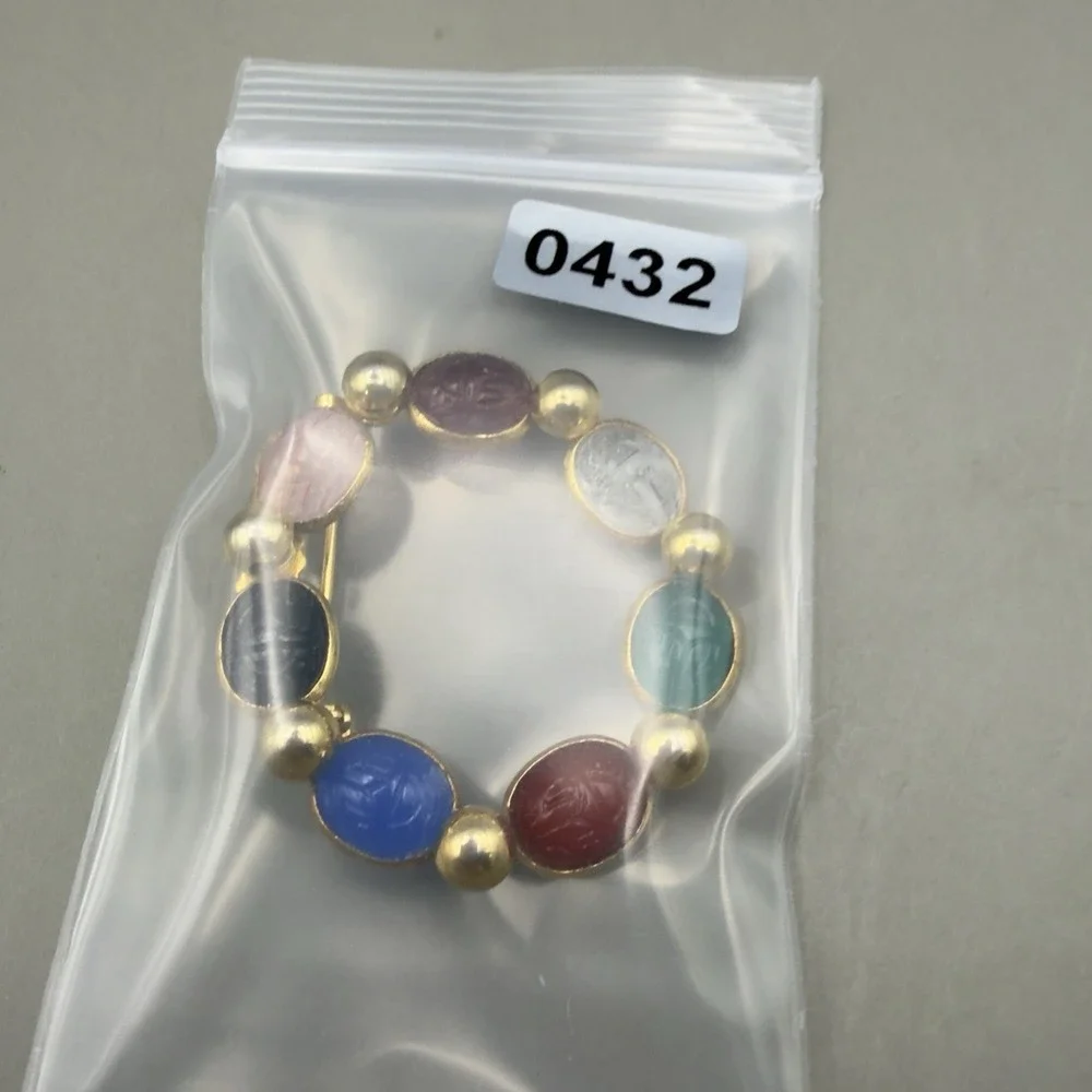 Vintage Gold Tone Scarab Circle Wreath Brooch Multicolor Carved Glass Egyptian